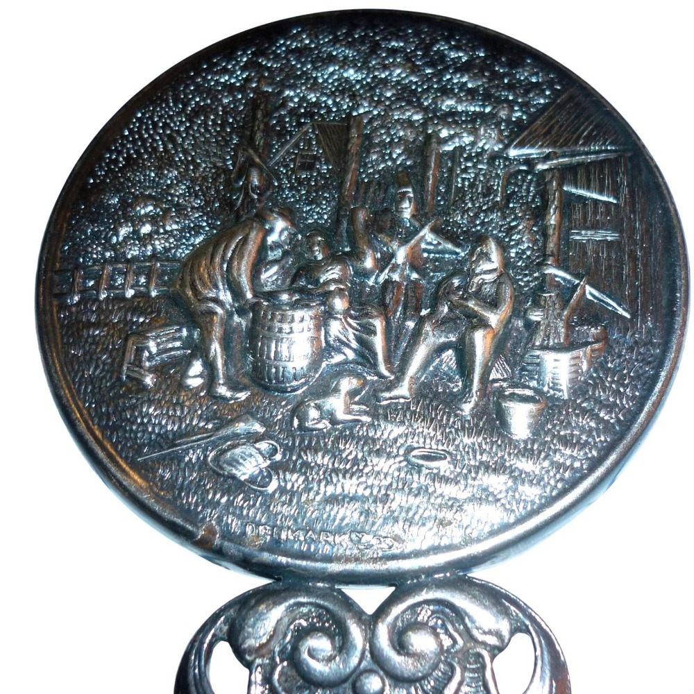 Vintage Denmark Silver Tone Repousse Tavern Scene Ornate Hand Purse Mirror 5"